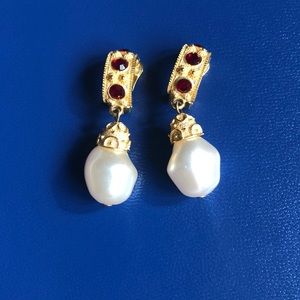 Ben Amun Gold and Red Stoned Pearl Earrings